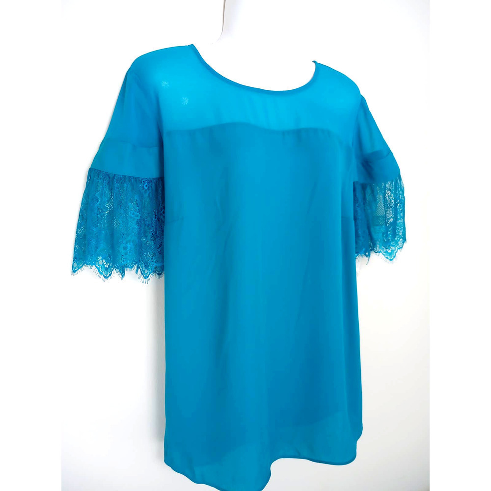 NWT Worthington Womens Sheer Lace Sleeve Teal Top - Picture 2 of 6